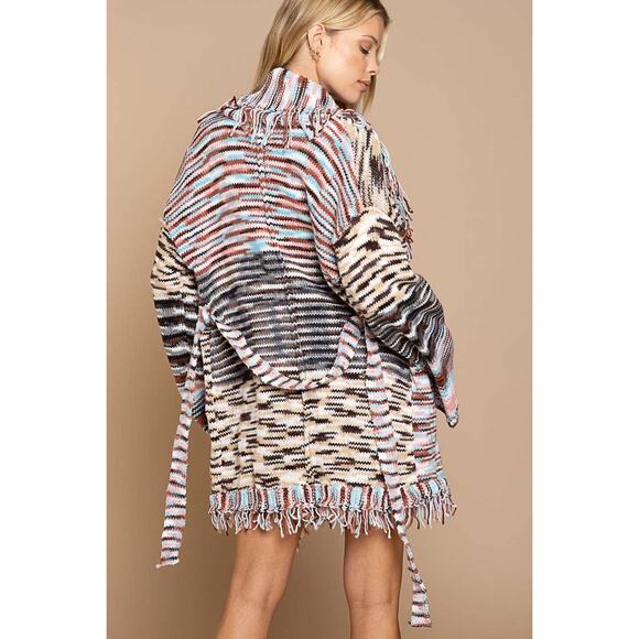 POL Women's Boho Desert Multicolor Belted Sunset Striped Cardigan EUC Large - Picture 4 of 7